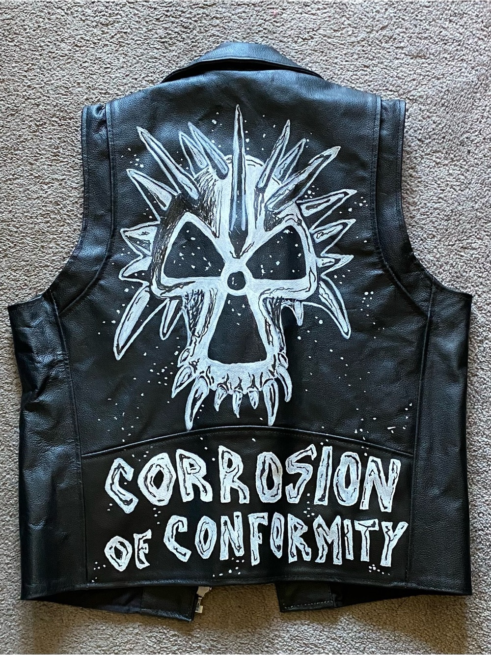 Hand-Painted Heavy Duty Leather Vest with White Skull Art
